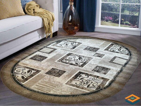 Covor Oval Luna 1835-12, Marime 60 x 110 cm, Crem, Maro, Inaltime Fir 6 mm, Antialergic, Polipropilena, Living, Dormitor, Sufragerie, Birou 60 x 110