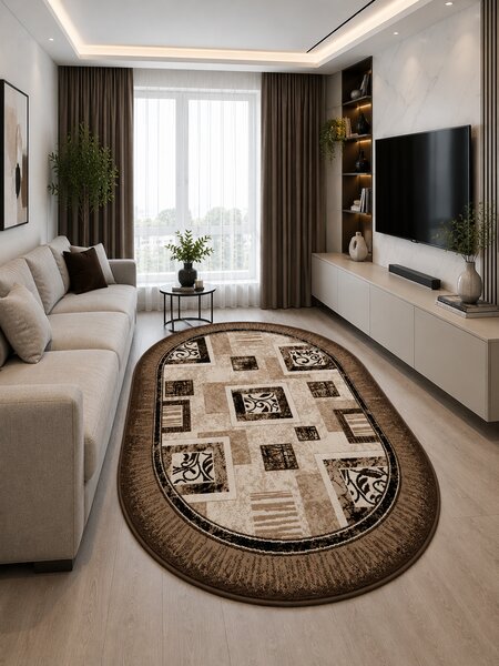 Covor Oval Luna 1835-12, Marime 60 x 110 cm, Crem, Maro, Inaltime Fir 6 mm, Antialergic, Polipropilena, Living, Dormitor, Sufragerie, Birou 60 x 110