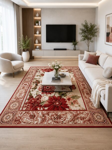 Covor Lotos 15004-120, Marime 120 x 170 cm, Bej, Rosu, Inaltime Fir 8 mm, Antialergic, Polipropilena, Living, Dormitor, Sufragerie, Birou 150 x 230