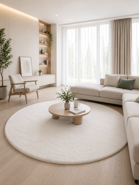 Covor Rotund Premium Belgian LOP 060, Marime 80 x 80 cm, Crem, Inaltime Fir 23 mm, Antiderapant, Antialergic, Poliester, Living, Dormitor, Sufragerie