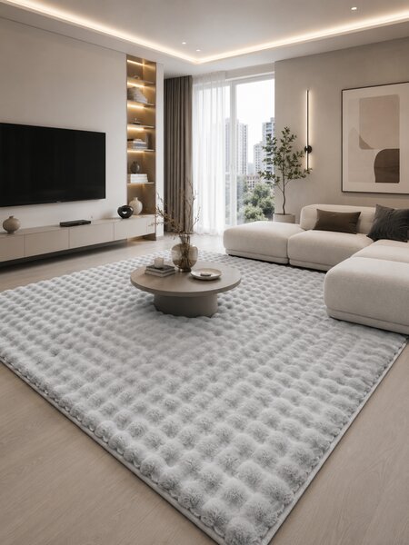 Covor Premium Belgian Blanita LOP 076, Efect 3D, Imitatie Blana Iepure, Marime 80 x 150 cm, Gri, Inaltime Fir 23 mm, Antiderapant, Antialergic