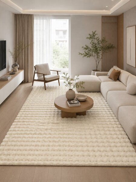 Covor Premium Belgian Blanita LOP 050, Efect 3D, Imitatie Blana Iepure, Marime 80 x 150 cm, Crem, Inaltime Fir 23 mm, Antiderapant, Antialergic