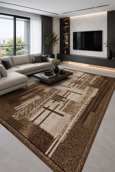 Covor Luna 1823-12, Marime 60 x 110 cm, Maro, Inaltime Fir 6 mm, Grosime 7 mm, Antialergic, Polipropilena, Living, Dormitor, Sufragerie, Birou 60 x