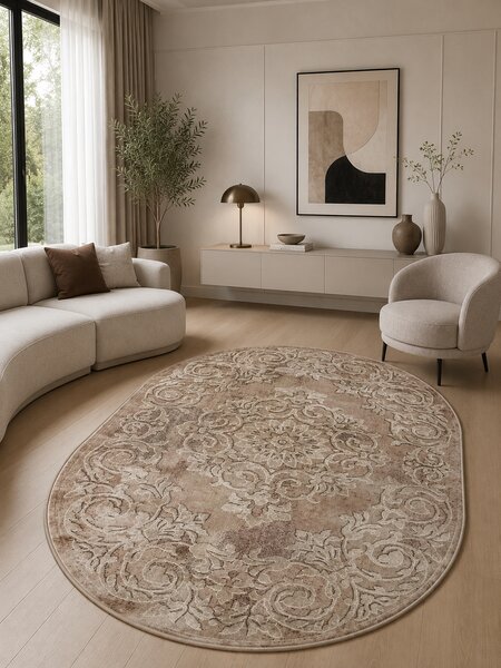 Covor Oval Mira 24016-132, Marime 60 x 110 cm, Maro, Inaltime Fir 6 mm, Antialergic, Polipropilena, Living, Dormitor, Sufragerie, Birou 60 x 110