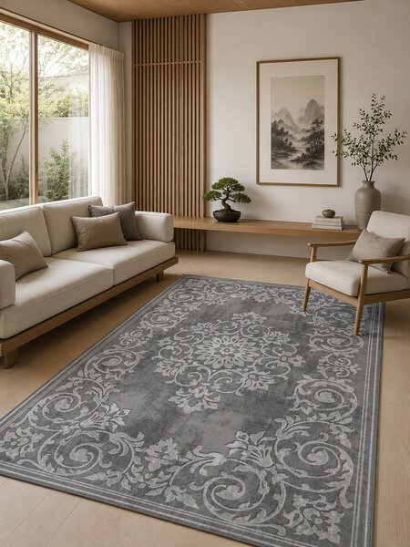 Covor Mira 24016-196, Marime 60 x 110 cm, Gri, Inaltime Fir 6 mm, Antialergic, Polipropilena, Living, Dormitor, Sufragerie, Birou 60 x 110