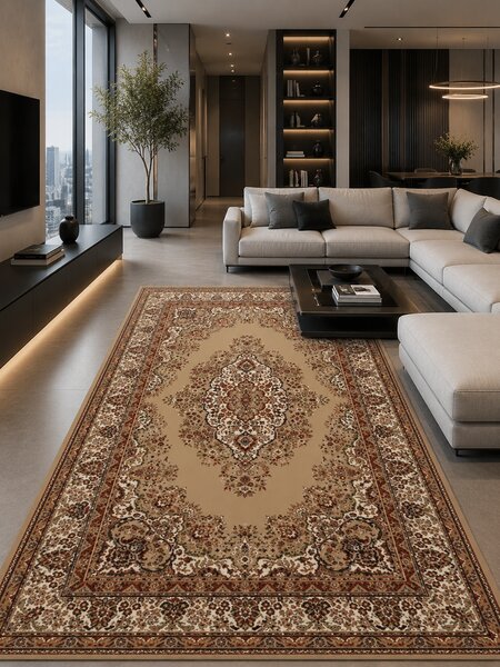 Covor Lotos 1524-110, Marime 50 x 80 cm, Bej, Maro, Inaltime Fir 8 mm, Antialergic, Polipropilena, Living, Dormitor, Sufragerie, Birou 50 x 80