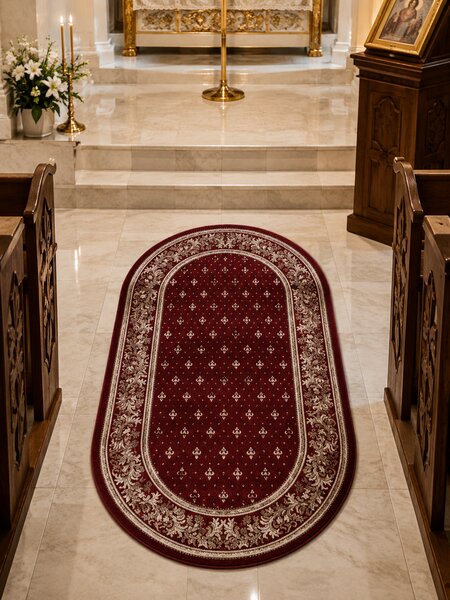 Covor Oval Bisericesc Lotos 15033-210, Marime 80 x 150 cm, Grena, Rosu, Inaltime Fir 8 mm, Antialergic, Polipropilena, Manastire, Biserica, Altar
