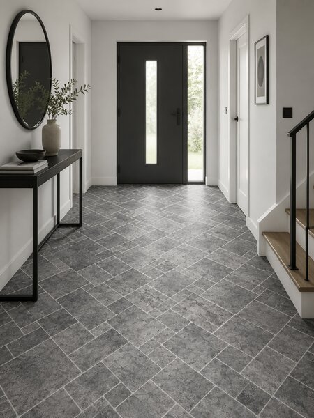 Linoleum Rezidential Antiderapant Clasa 21, Belgia, Sand Stone 919, Suport Spuma, Grosime 2.3 mm, Imitatie Piatra, Gri, PVC, Latime 2m, Marime 200 x