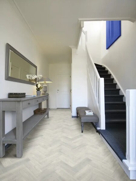 Linoleum Rezidential Antiderapant Clasa 21, Belgia, Mayfair 009S, Suport Spuma, Grosime 2.3 mm, Imitatie Parchet, Crem, Gri, PVC, Latime 2m, Marime