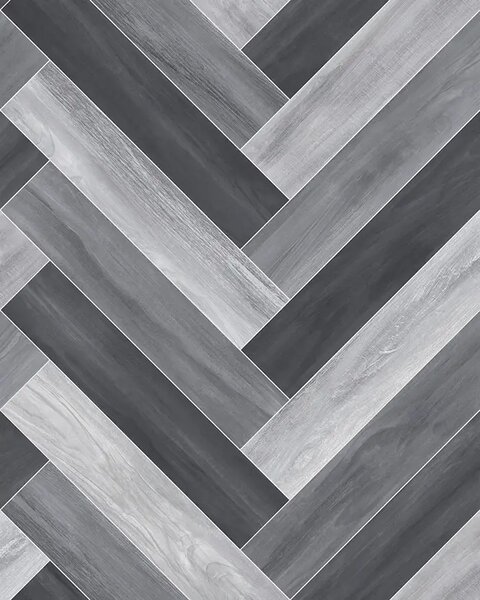 Linoleum Rezidential Antiderapant Clasa 21, Belgia, Venice 961M, Suport Spuma, Grosime 2.3 mm, Imitatie Parchet, Gri, Negru, PVC, Latime 2m, Marime
