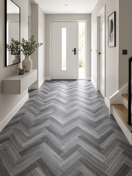 Linoleum Rezidential Antiderapant Clasa 21, Belgia, Venice 961M, Suport Spuma, Grosime 2.3 mm, Imitatie Parchet, Gri, Negru, PVC, Latime 2m, Marime