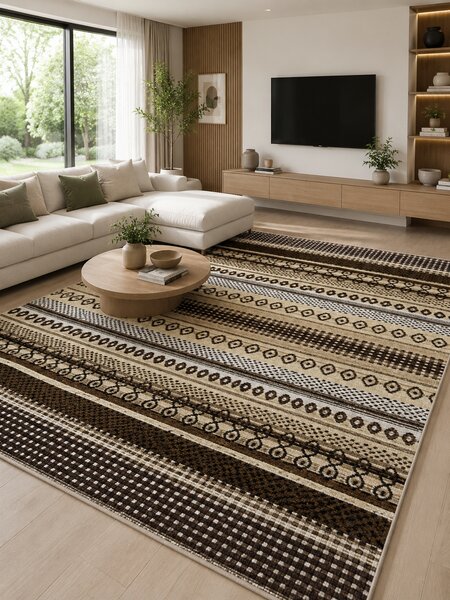 Covor Cappuccino 16035-12, Marime 100 x 200 cm, Crem, Bej, Maro, Inaltime Fir 7 mm, Antialergic, Polipropilena, Living, Dormitor, Sufragerie, Birou