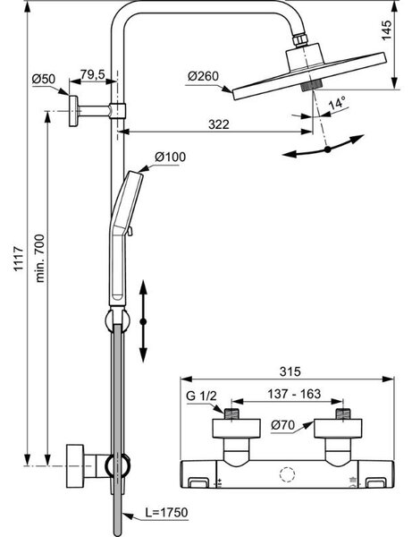 Coloană de duș termostată, Ideal Standard Ceratherm T25+, 2 jeturi, crom