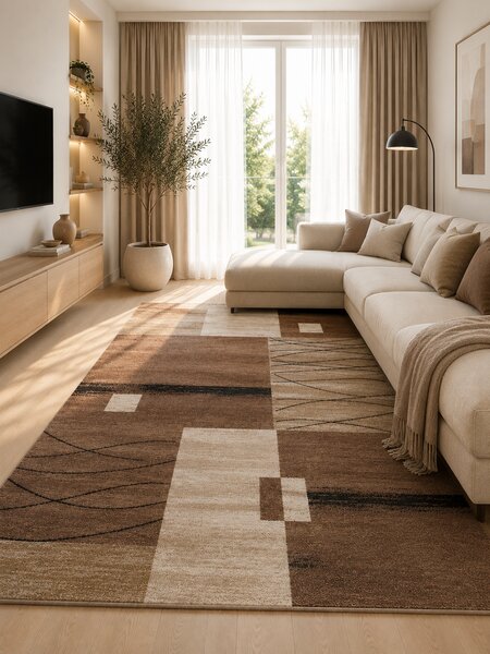 Covor Luna 1805-12, Marime 60 x 110 cm, Bej, Maro, Inaltime Fir 6 mm, Antialergic, Polipropilena, Living, Dormitor, Sufragerie, Birou 60 x 110