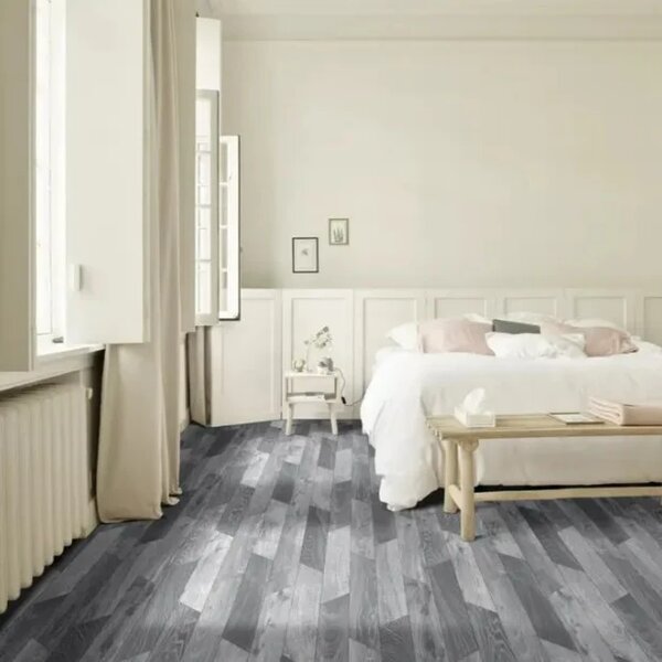 Linoleum Rezidential Antiderapant Clasa 21, Belgia, Hungarian Oak 990D, Design Imitatie Parchet, Stejar Gri Rustic, Suport Spuma, Grosime 2.3 mm, PVC