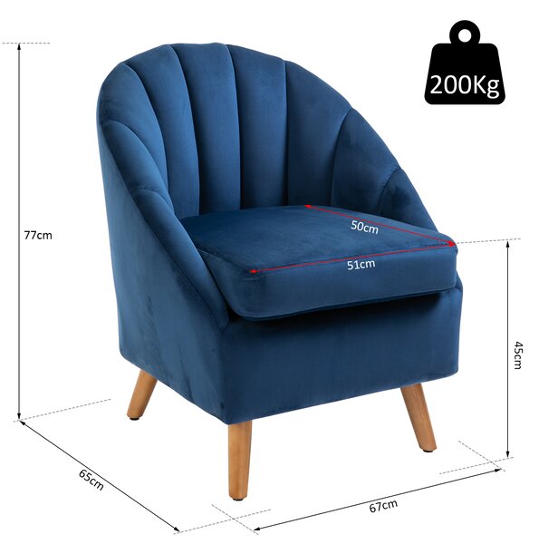 HOMCOM Fotoliu Living Tapițat cu Velur și Perna Groasă, Picioare din Lemn de Cauciuc și Brațe, Albastru | Aosom Romania