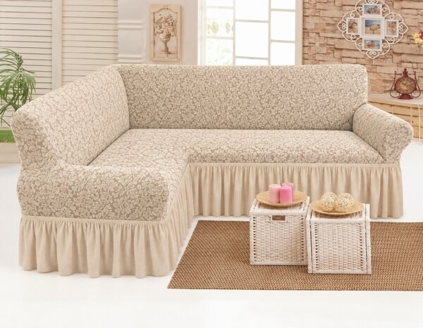 Husa elastica pentru coltar, cu volanas, model Jacquard Bej Natur