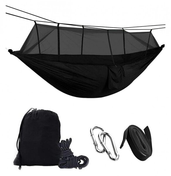 Hamac cu plasa de tantari, sarcina maxima 200 kg, material impermeabil, 260 x 140 cm, negru