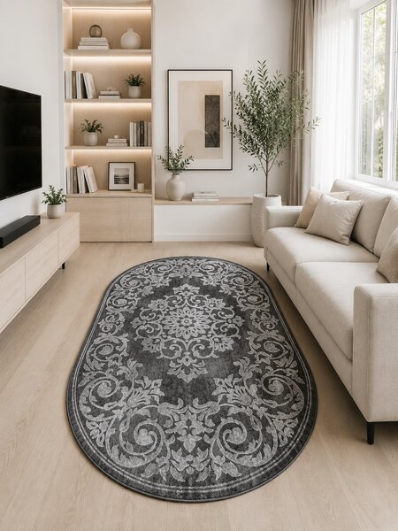 Covor Oval Mira 24016-196, Marime 50 x 80 cm, Gri, Inaltime Fir 6 mm, Antialergic, Polipropilena, Living, Dormitor, Sufragerie, Birou 50 x 80