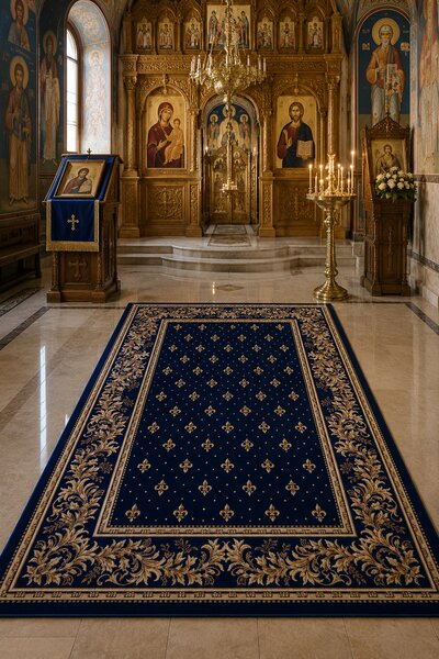 Covor Bisericesc Lotos 15033-810, Marime 80 x 150 cm, Albastru, Inaltime Fir 8 mm, Antialergic, Polipropilena, Manastire, Biserica, Altar, Naos