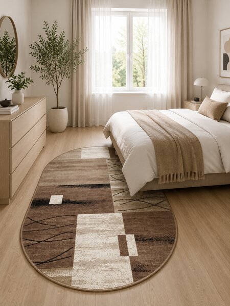 Covor Oval Luna 1805-12, Marime 50 x 80 cm, Bej, Maro, Inaltime Fir 6 mm, Antialergic, Polipropilena, Living, Dormitor, Sufragerie, Birou 50 x 80