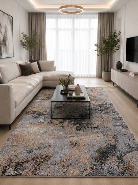 Covor Mira 24137-123, Marime 50 x 80 cm, Gri, Maro, Inaltime Fir 6 mm, Antialergic, Polipropilena, Living, Dormitor, Sufragerie, Birou 50 x 80