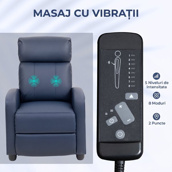 HOMCOM Fotoliu cu Masaj Reclinabil Manual din Piele PU cu Telecomandă, 2 Puncte de Masaj și Suport pentru Picioare, Albastru Închis | Aosom Romania