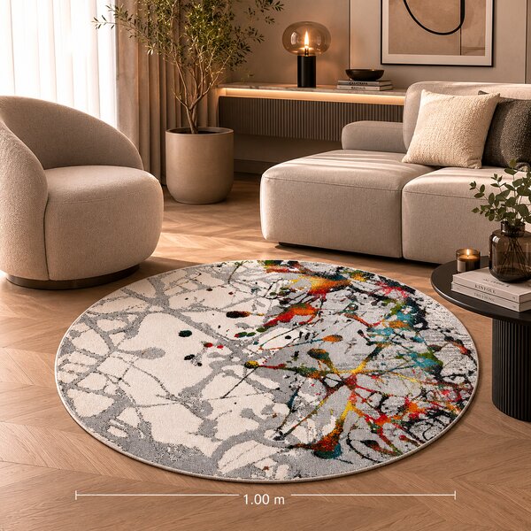 Covor Rotund Abstract 11187-190, Marime 100 x 100 cm, Gri, Inaltime Fir 9 mm, Antialergic, Polipropilena, Living, Dormitor, Sufragerie, Birou 100 x