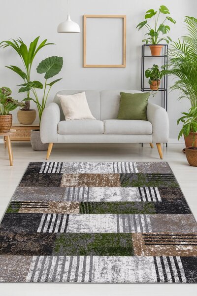 Covor Modern, Kolibri 11583-BG92, Mărime 50 x 80 cm , Gri, Maro, Verde, Inaltime Fir 9 mm, Antialergic, Polipropilena, Living, Dormitor, Hol 50 x 80