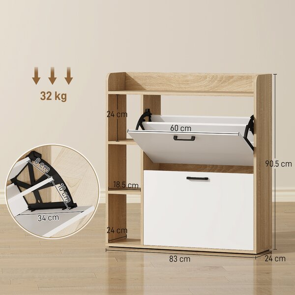 HOMCOM Dulap Slim pentru Pantofi cu 2 Sertare Rabatabile și 3 Compartimente, Capacitate 15 Perechi, 83x24x90,5 cm, Lemn și Alb | Aosom Romania