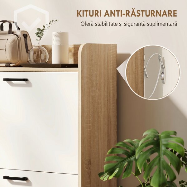 HOMCOM Dulap Slim pentru Pantofi cu 2 Sertare Rabatabile și 3 Compartimente, Capacitate 15 Perechi, 83x24x90,5 cm, Lemn și Alb | Aosom Romania