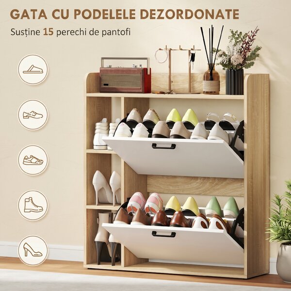 HOMCOM Dulap Slim pentru Pantofi cu 2 Sertare Rabatabile și 3 Compartimente, Capacitate 15 Perechi, 83x24x90,5 cm, Lemn și Alb | Aosom Romania