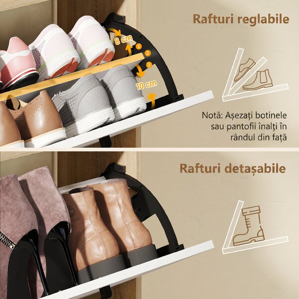 HOMCOM Dulap Slim pentru Pantofi cu 2 Sertare Rabatabile și 3 Compartimente, Capacitate 15 Perechi, 83x24x90,5 cm, Lemn și Alb | Aosom Romania