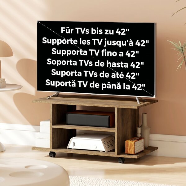 HOMCOM Suport TV Modern cu Rafturi, Roți Pivotante și Frâne, 80x40x40 cm, Nuc | Aosom Romania
