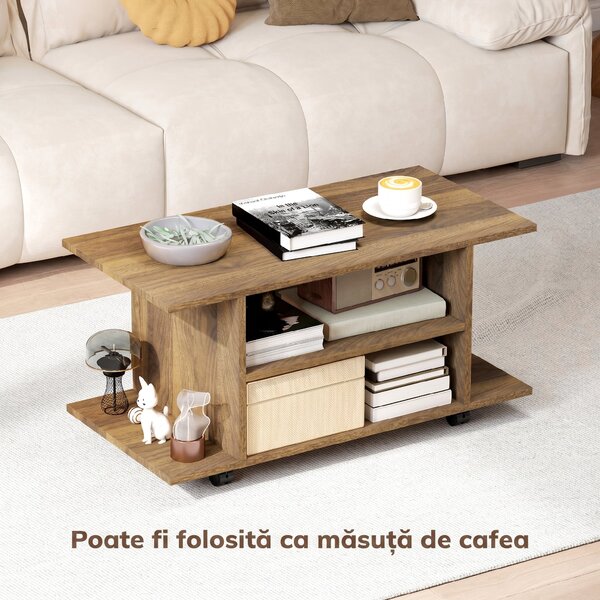 HOMCOM Suport TV Modern cu Rafturi, Roți Pivotante și Frâne, 80x40x40 cm, Nuc | Aosom Romania