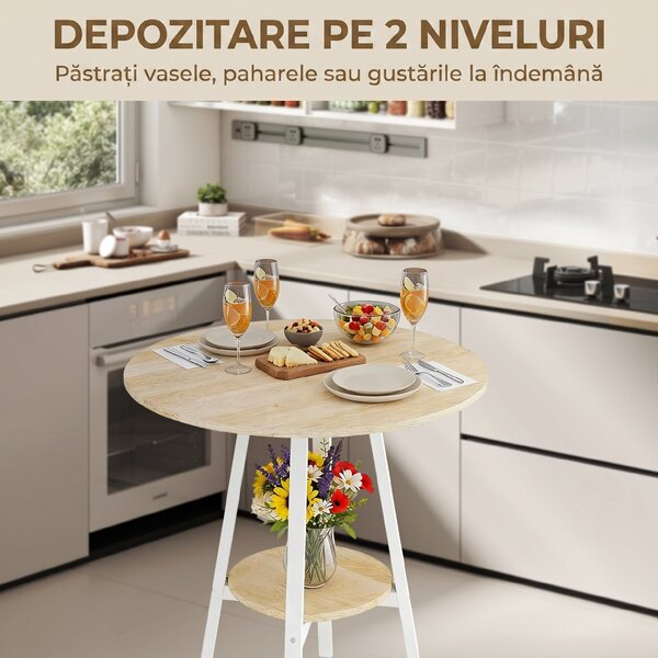 HOMCOM Masă Înaltă Rotundă cu Raft, Masă Modernă pentru Bucătărie sau Dining, PAL, Metal, Lemn Natural și Alb | Aosom Romania