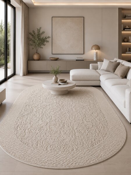 Covor Oval Itea 42005-116, Marime 60 x 110 cm, Bej, Inaltime Fir 10 mm, Antialergic, Polipropilena, Living, Dormitor 60 x 110