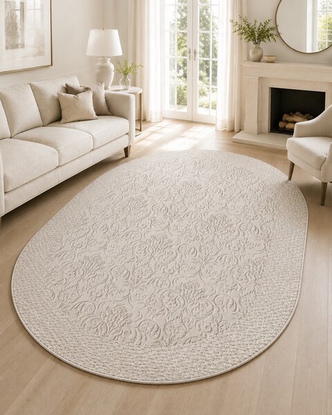 Covor Oval Itea 42005-116, Marime 60 x 110 cm, Bej, Inaltime Fir 10 mm, Antialergic, Polipropilena, Living, Dormitor 60 x 110