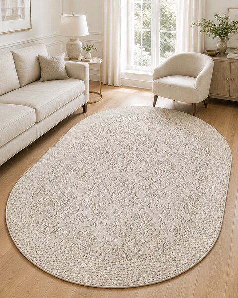 Covor Oval Itea 42005-116, Marime 60 x 110 cm, Bej, Inaltime Fir 10 mm, Antialergic, Polipropilena, Living, Dormitor 60 x 110