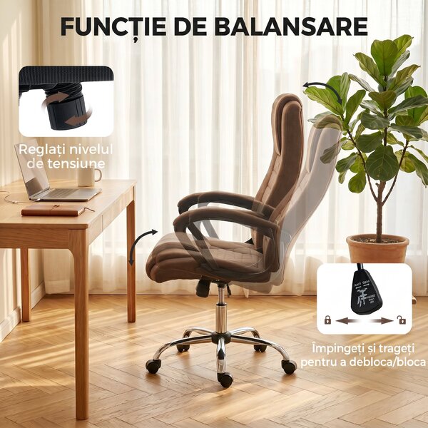 Vinsetto Scaun de Birou Ergonomic Inclinabil și Rotativ în Țesătură cu Aspect de In cu Tetieră, Maro | Aosom Romania