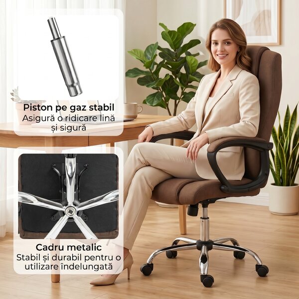 Vinsetto Scaun de Birou Ergonomic Inclinabil și Rotativ în Țesătură cu Aspect de In cu Tetieră, Maro | Aosom Romania