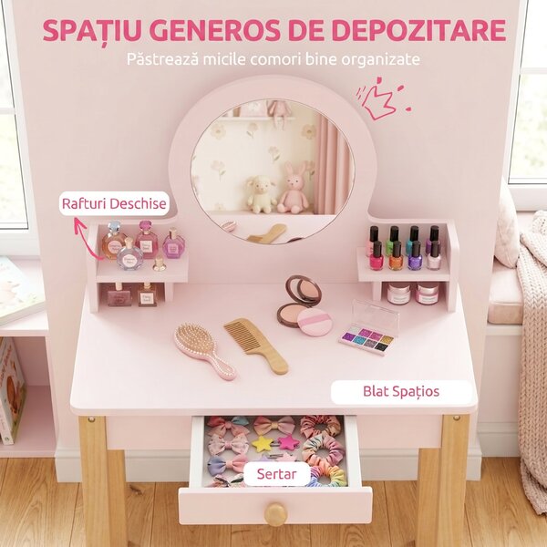 AIYAPLAY Set Masă de Toaletă pentru Fete cu Taburet, Oglindă, Sertar, din Lemn de Pin și MDF, pentru 3-6 Ani, Roz | Aosom Romania
