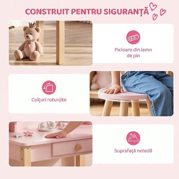 AIYAPLAY Set Masă de Toaletă pentru Fete cu Taburet, Oglindă, Sertar, din Lemn de Pin și MDF, pentru 3-6 Ani, Roz | Aosom Romania
