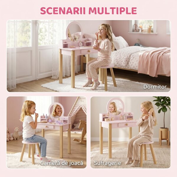AIYAPLAY Set Masă de Toaletă pentru Fete cu Taburet, Oglindă, Sertar, din Lemn de Pin și MDF, pentru 3-6 Ani, Roz | Aosom Romania