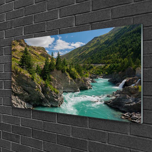 Tablou pe sticla Munții River Peisaj Albastru Verde