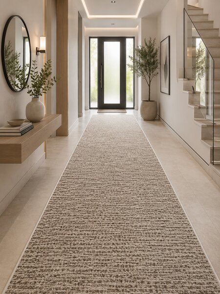 Traversa Daffi 13099-120, Inaltime Fir 6 mm, Latime 120 m, Marime 120 x 200 cm, Bej, Maro, Festonata Surfilata Tivita, Antialergica