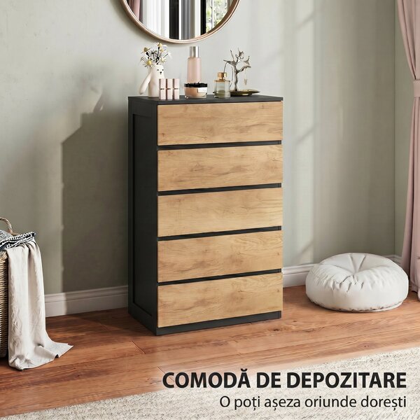 HOMCOM Comodă cu 5 Sertare din Lemn, cu Șine Metalice și Mânere Decupate, 60x39x100 cm | Aosom Romania