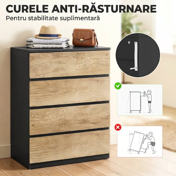 HOMCOM Comodă cu 4 Sertare din Lemn cu Șine Metalice și Mânere Frezate, 60x40x80 cm, Negru și Stejar | Aosom Romania