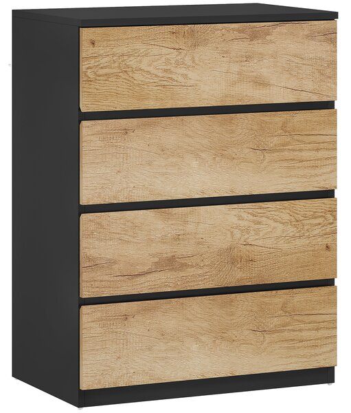HOMCOM Comodă cu 4 Sertare din Lemn cu Șine Metalice și Mânere Frezate, 60x40x80 cm, Negru și Stejar | Aosom Romania