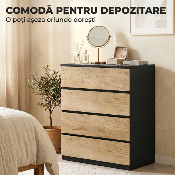 HOMCOM Comodă cu 4 Sertare din Lemn cu Șine Metalice și Mânere Frezate, 60x40x80 cm, Negru și Stejar | Aosom Romania